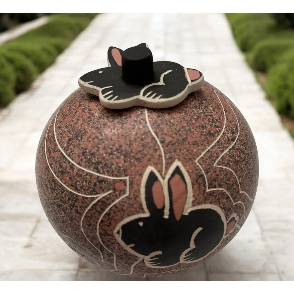 Mata Ortiz Pottery Gabriela Corona Rabbit Seed Pot Lid Folk Art‎ Clay Mexico